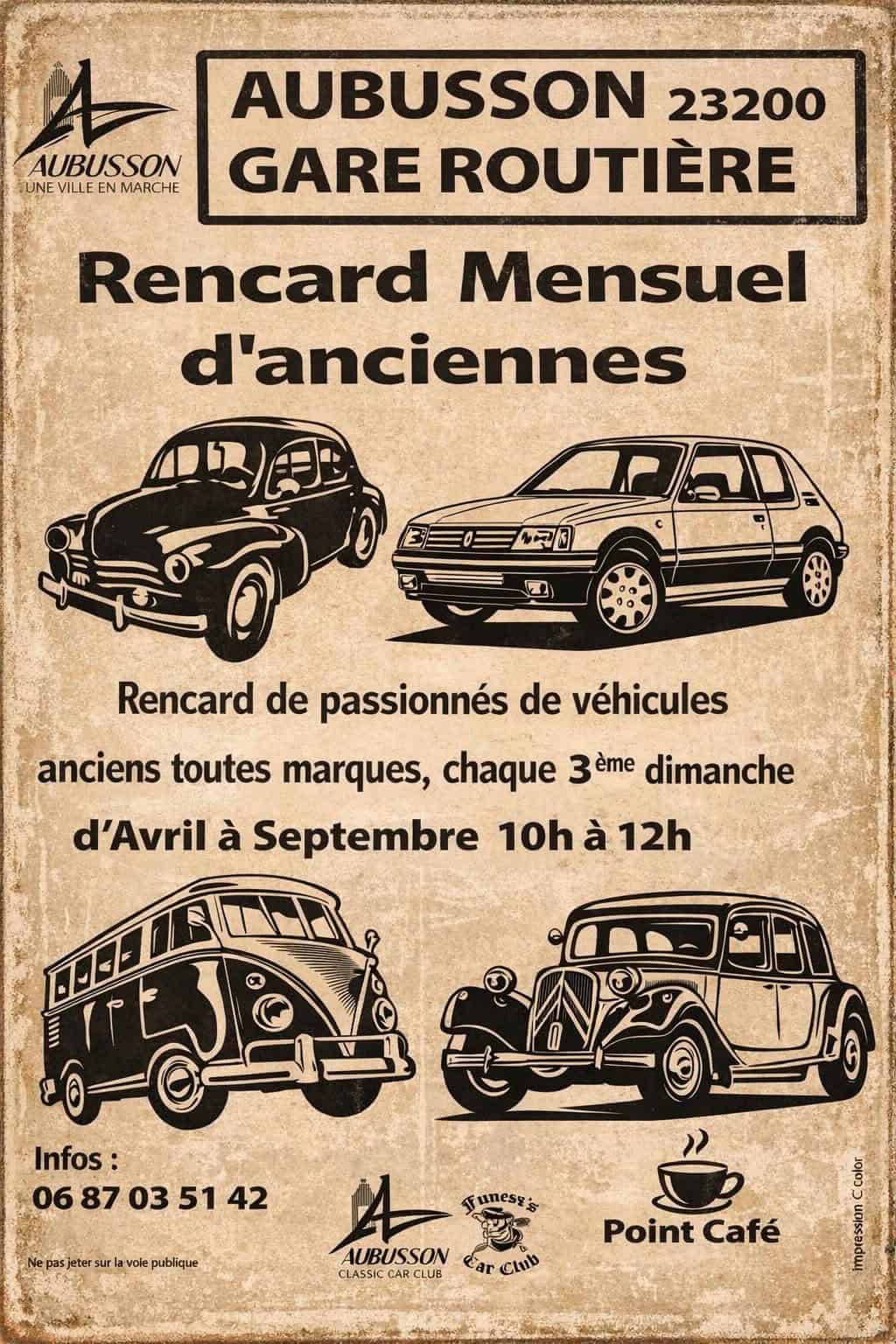 Rencard mensuel d'anciennes voitures à Aubusson, rassemblement de passionnés de véhicules classiques.